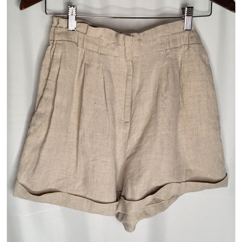 525 100% Linen Paperbag Shorts Flowy Summer Spring Trend Flat Front Tan Beige S